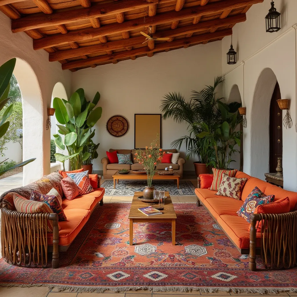 Elegante sala de estar con acentos mexicanos y arte contemporáneo.