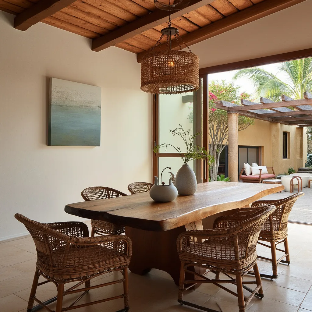 Comedor acogedor con mesa de madera rústica y sillas de diseño.