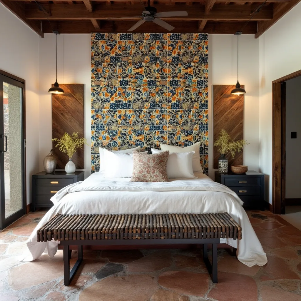 Dormitorio sereno con cabecera de talavera y ropa de cama neutra.