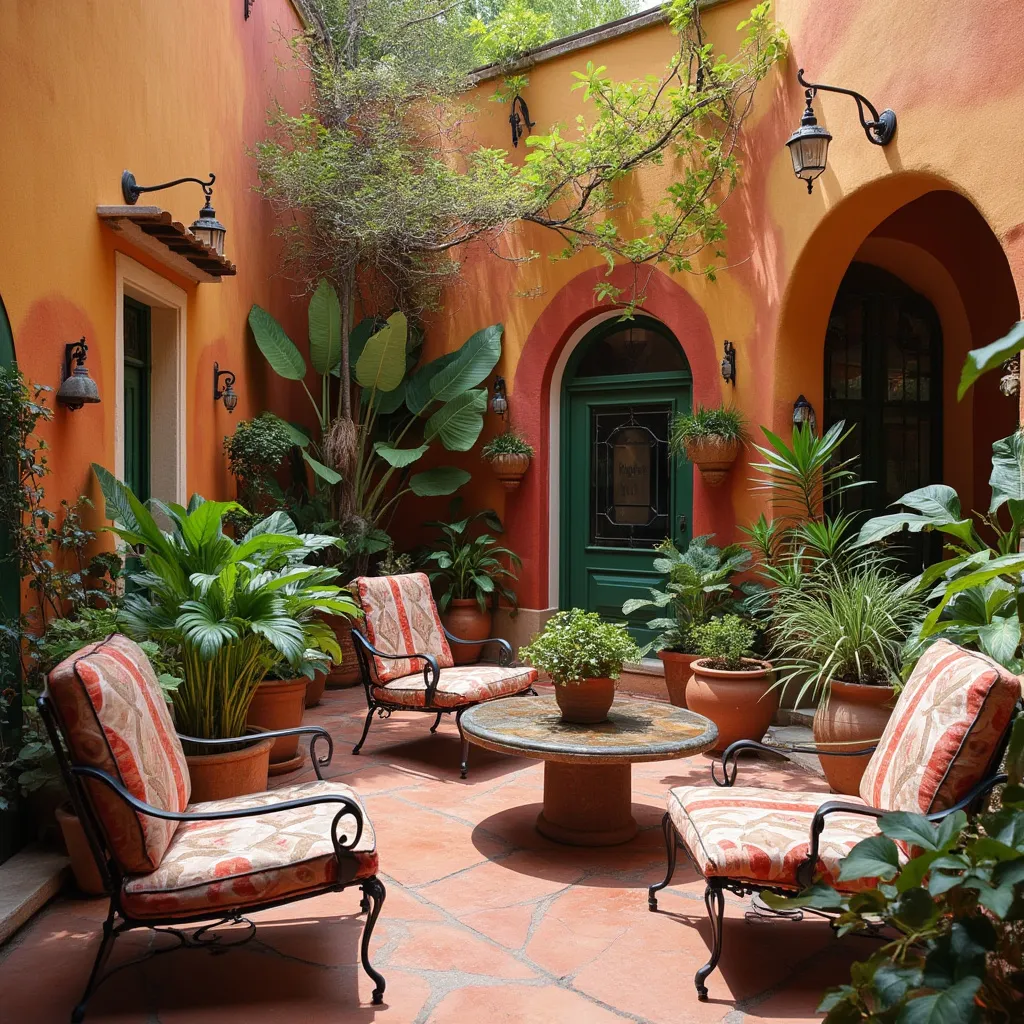 Patio interior con vegetación exuberante y mobiliario confortable.
